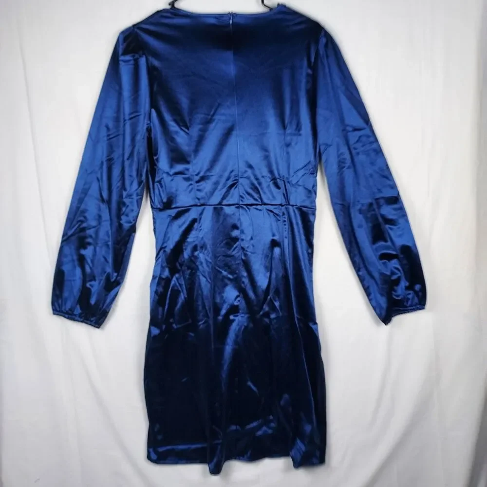 Yajedo Satin V-Neck Dress Size Large Blue Party/Cocktail Long Sleeve New